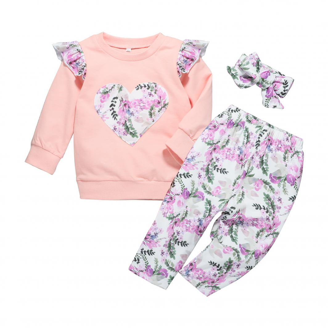 3-piece Pink Floral Heart Clothing Set