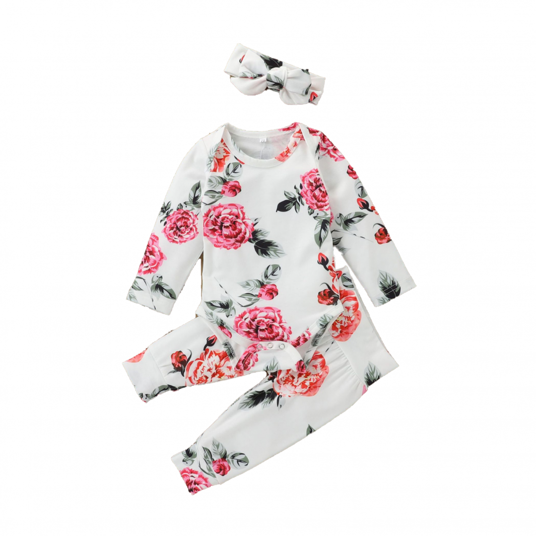 3-piece Pink Flowers White Baby Tracksuit Set